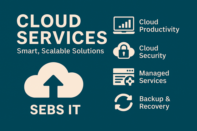 Flat design digital graphic representing SEBS IT's cloud services, featuring cloud storage, data syncing, and secure online collaboration tools on a teal background.