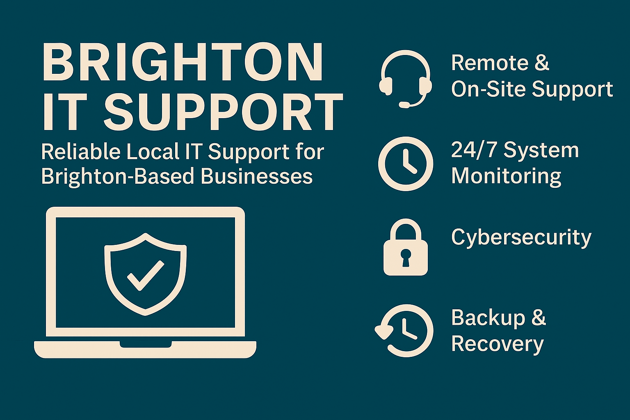 Flat digital graphic representing IT support services in Brighton & Hove, featuring a computer screen, tools, and support icons to convey reliable business IT assistance